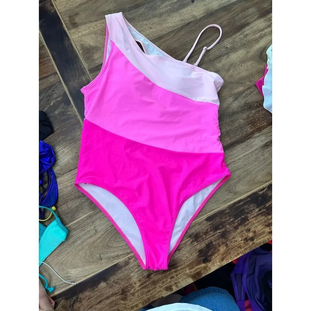 Milumia Women's Colorblock Asymmetrical Neck One Piece Swimsuit Size Large
